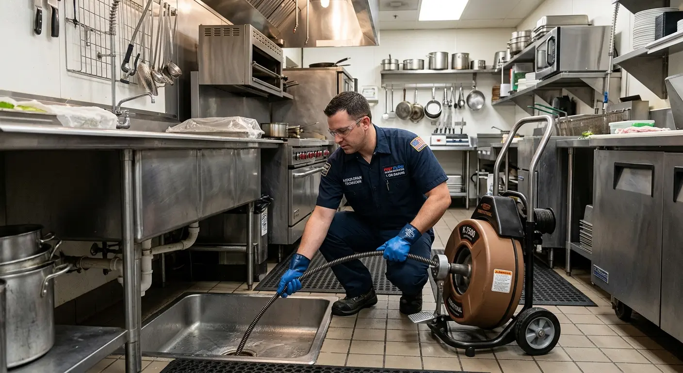 Commercial drain cleaning service in a restaurant kitchen in Concord