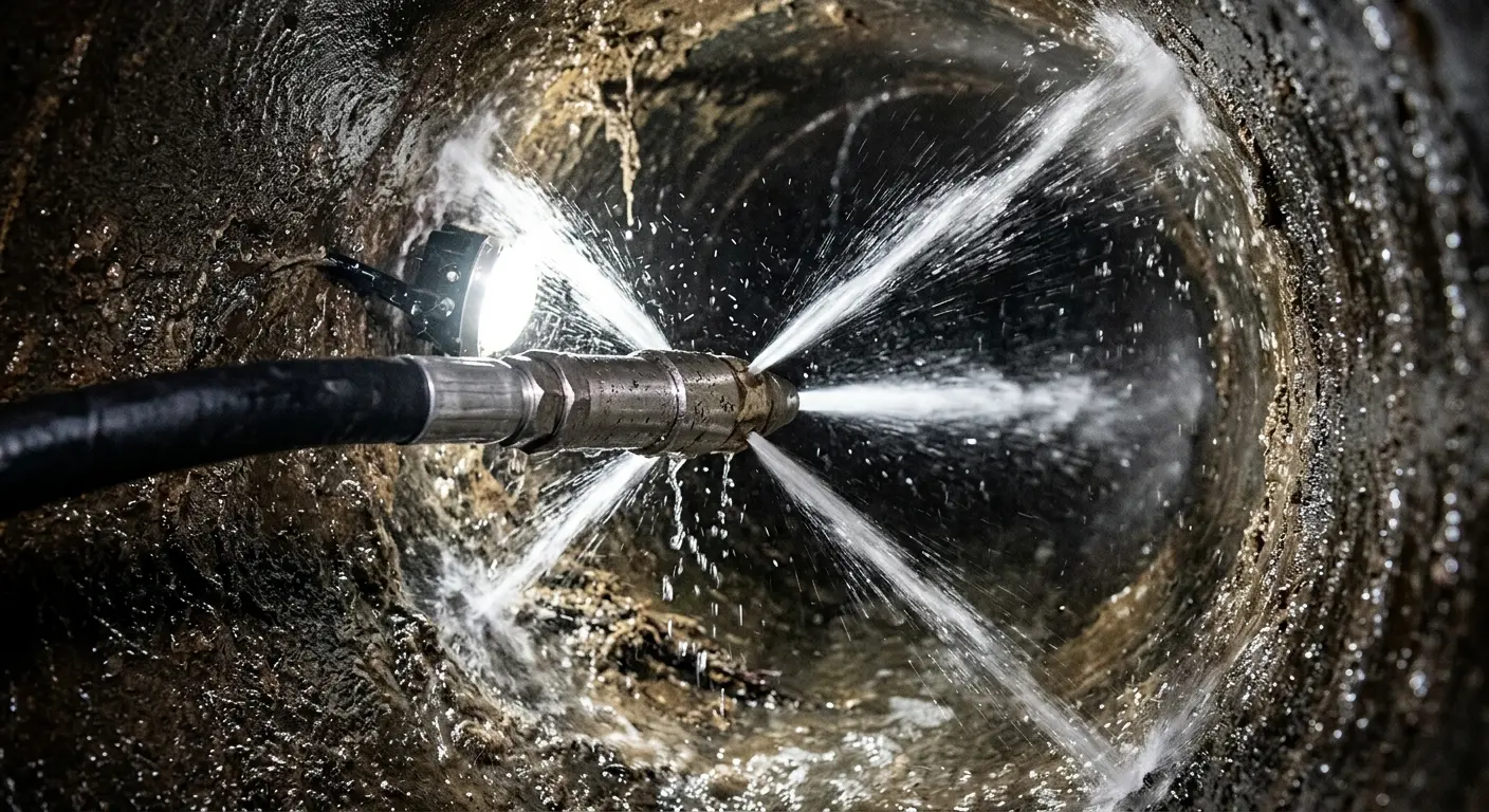 High-pressure hydro jetting nozzle cleaning sewer pipe for Emergency Drain Service in Concord
